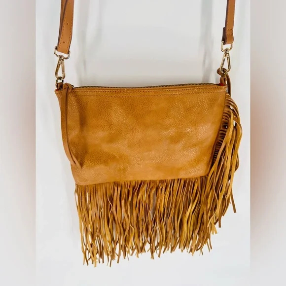 Carlos Santana Crossbody Bag Fringe Tan Brown Purse W/ Chain Strap New - Picture 2 of 7